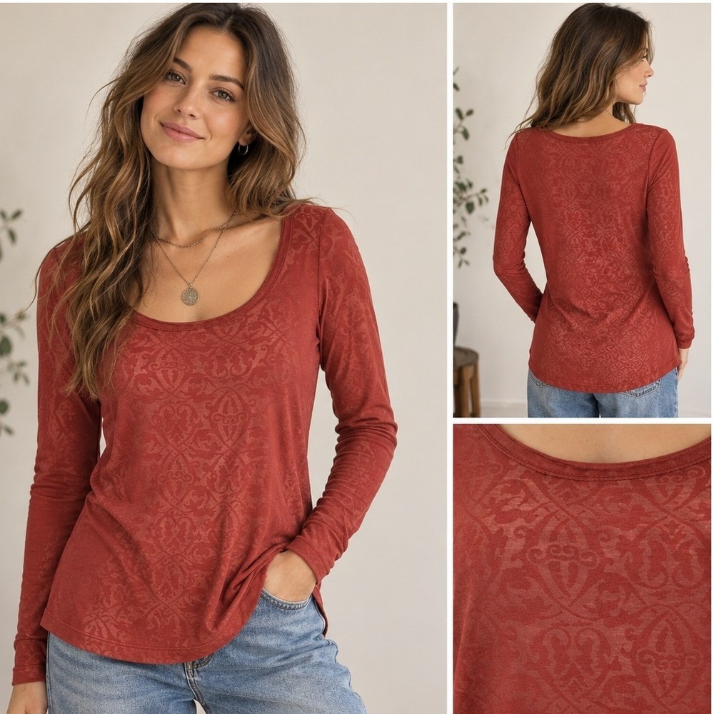 Vintage 90s Red Tonal Burnout Tunic Top Size S Sheer Boho Indie Fall 90s Grunge